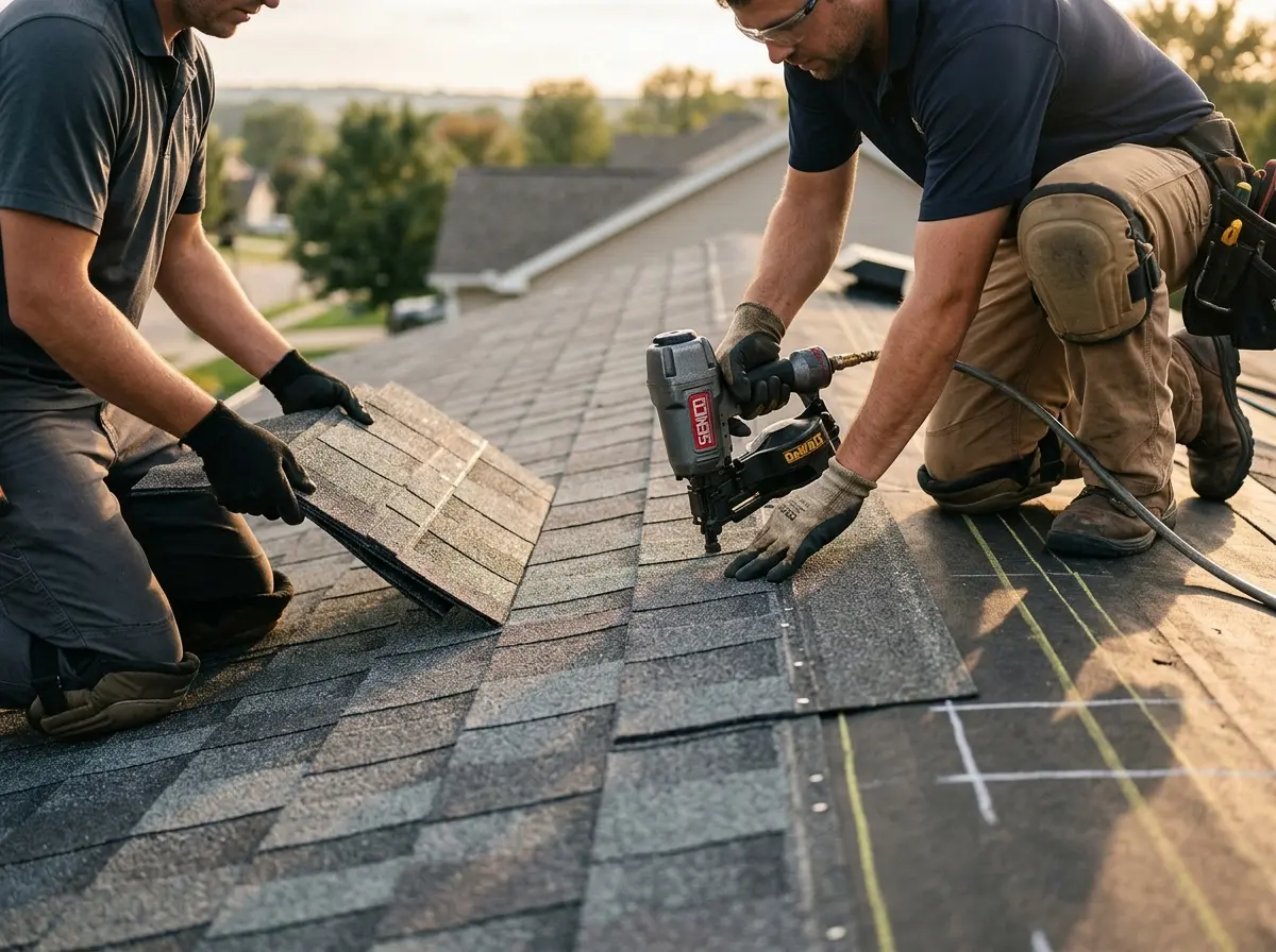 Professional roofer working on a residential roof in Buckley